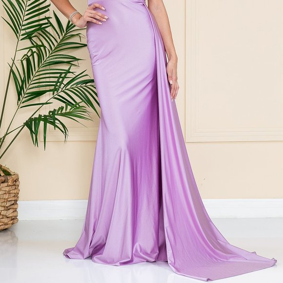 NEW LONG ONE SHOULDER SLEEVELESS SHEATH DRESS WITH SIDE CAPE SKIRT & ZIP AC 387 - Picture 8 of 8